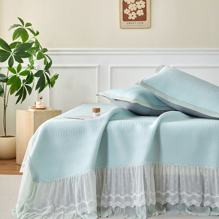 91家纺网 家纺一手货源 找家纺 航途席业 2026新款A类凉感豆豆床裙款凉席三件套-系列七 薄荷织浪