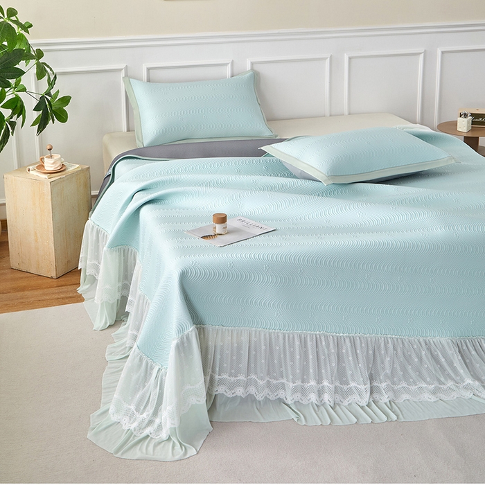 91家纺网 家纺一手货源 找家纺 航途席业 2026新款A类凉感豆豆床裙款凉席三件套-系列七 薄荷织浪