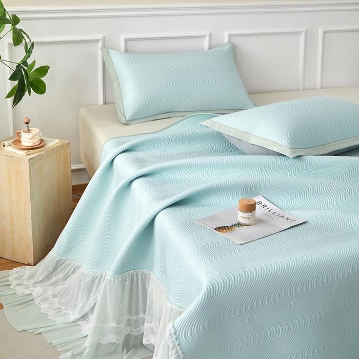 91家纺网 家纺一手货源 找家纺 航途席业 2026新款A类凉感豆豆床裙款凉席三件套-系列七 薄荷织浪