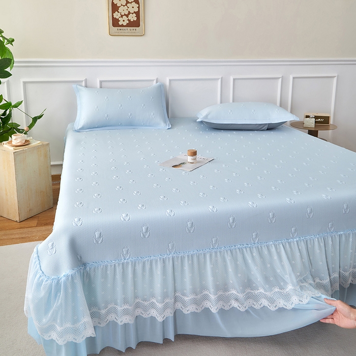 航途席业 2026新款A类凉感豆豆床裙款凉席三件套-系列七 冰蓝郁金香