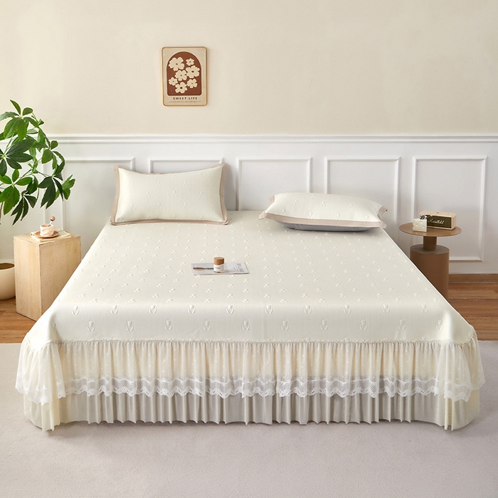 91家纺网 家纺一手货源 找家纺 航途席业 2026新款A类凉感豆豆床裙款凉席三件套-系列七 奶白郁金香