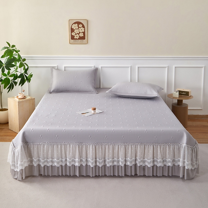 91家纺网 家纺一手货源 找家纺 航途席业 2026新款A类凉感豆豆床裙款凉席三件套-系列七 雾灰郁金香