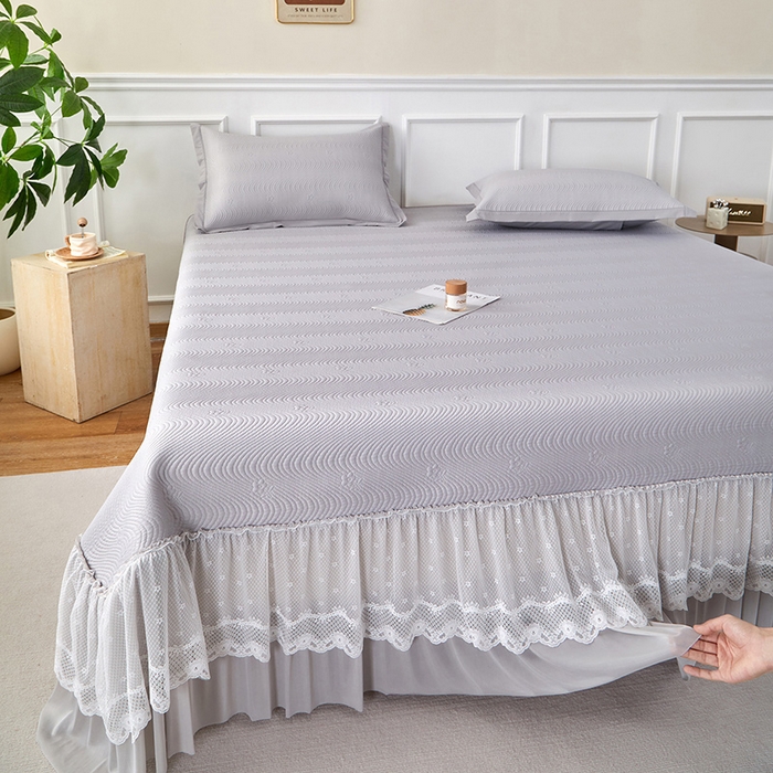 航途席业 2026新款A类凉感豆豆床裙款凉席三件套-系列七 烟灰织浪