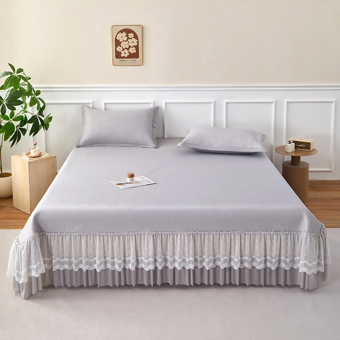 91家纺网 家纺一手货源 找家纺 航途席业 2026新款A类凉感豆豆床裙款凉席三件套-系列七 月灰碎花