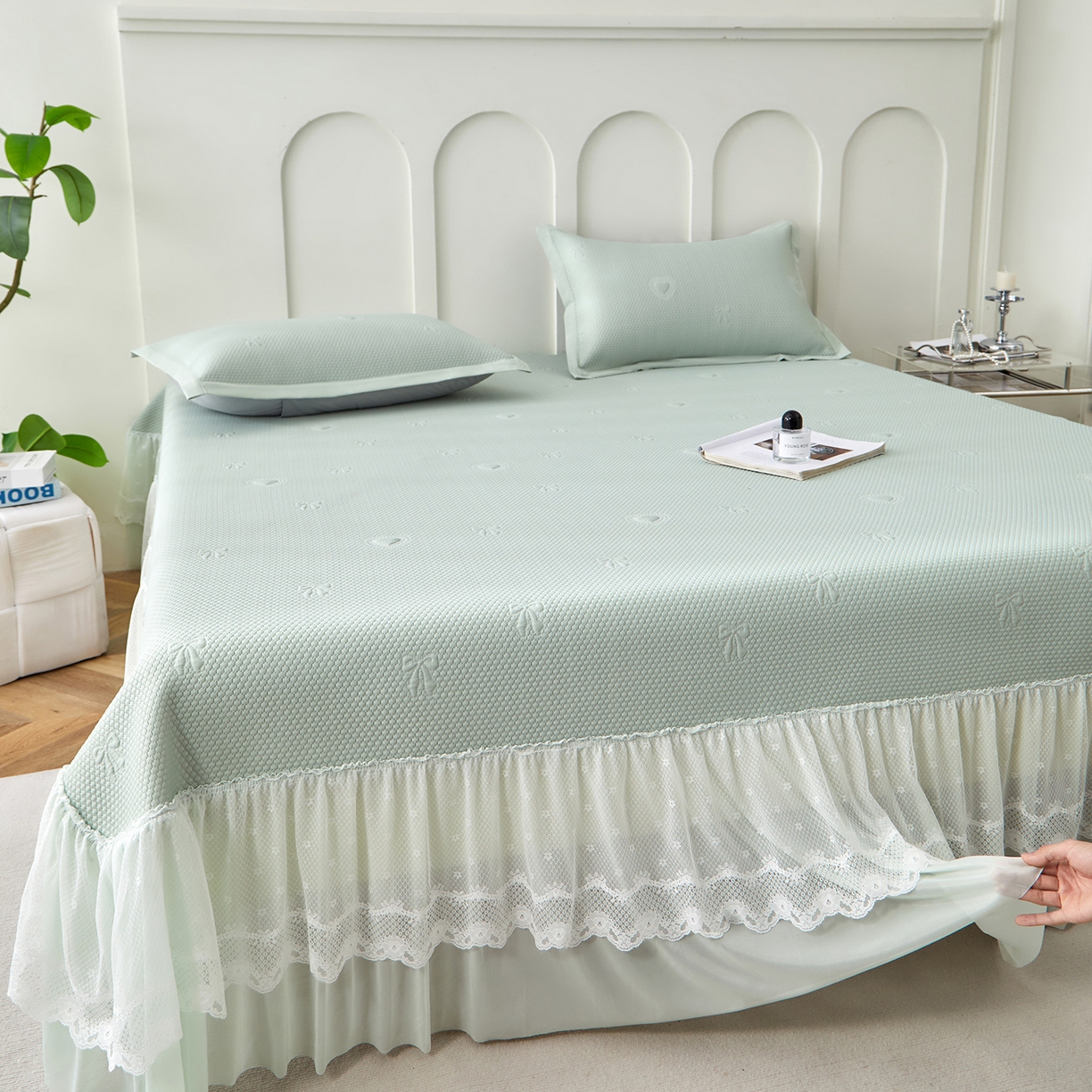 航途席业 2026新款A类凉感豆豆床裙款凉席三件套-系列七 青柠爱心蝴蝶结