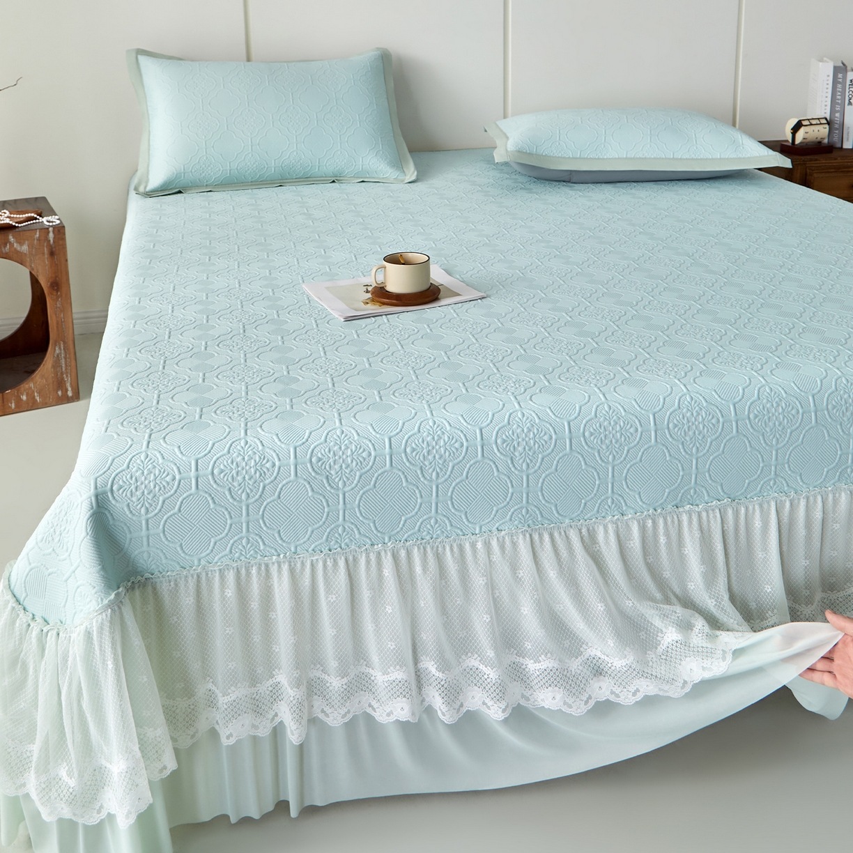 航途席业 2026新款A类凉感豆豆床裙款凉席三件套-系列七 青澜四叶