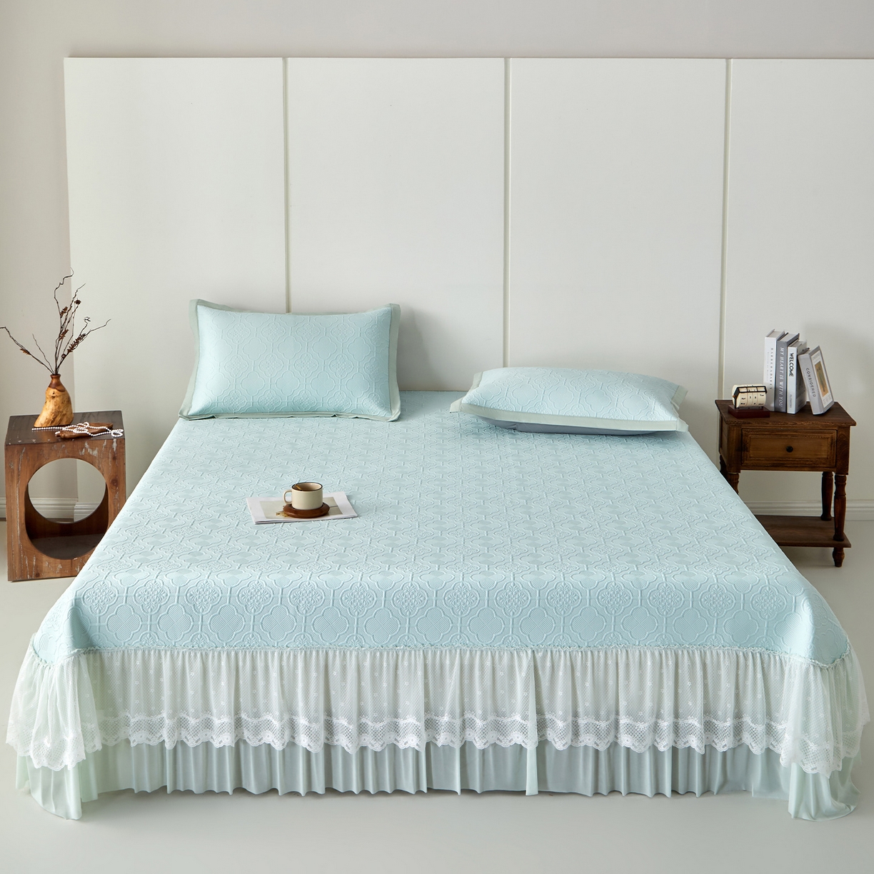 91家纺网 家纺一手货源 找家纺 航途席业 2026新款A类凉感豆豆床裙款凉席三件套-系列七 青澜四叶