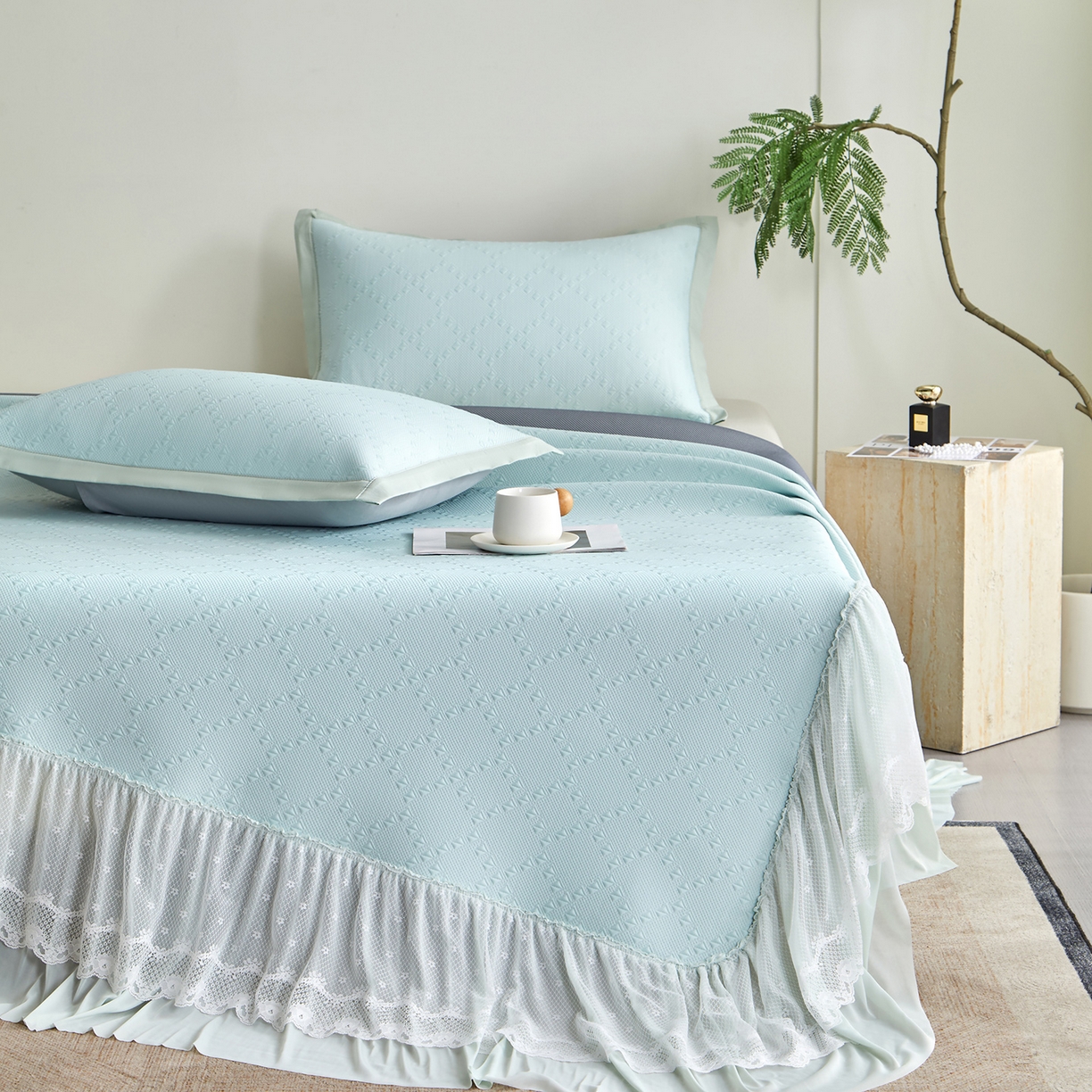 91家纺网 家纺一手货源 找家纺 （总）航途席业 2026新款A类凉感豆豆床裙款凉席三件套-系列六