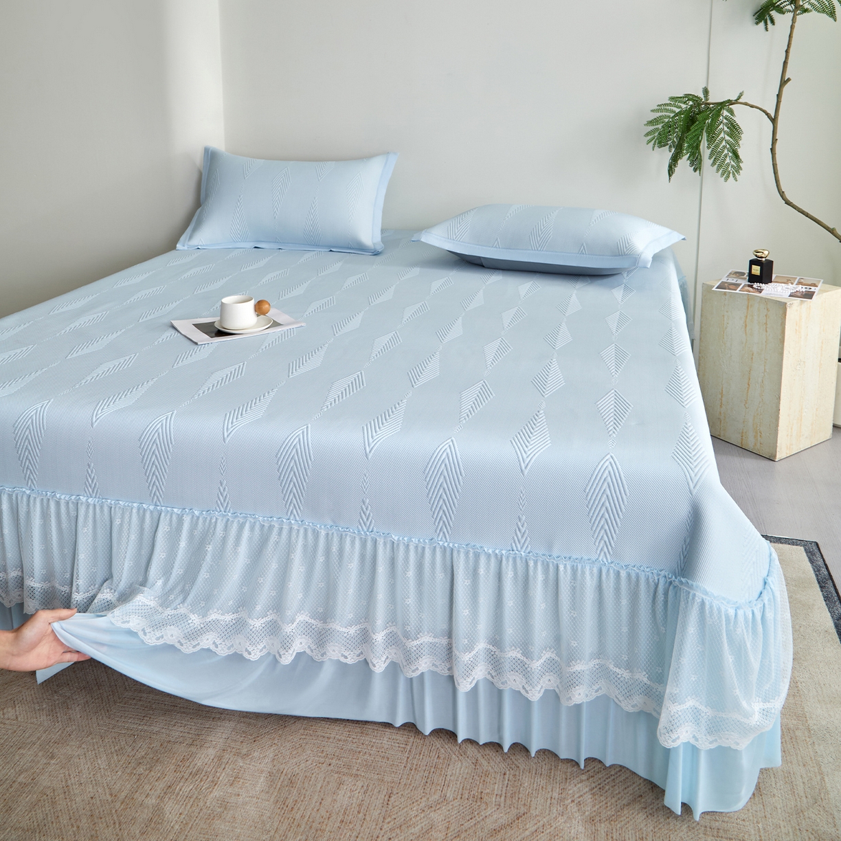 91家纺网 家纺一手货源 找家纺 （总）航途席业 2026新款A类凉感豆豆床裙款凉席三件套-系列六