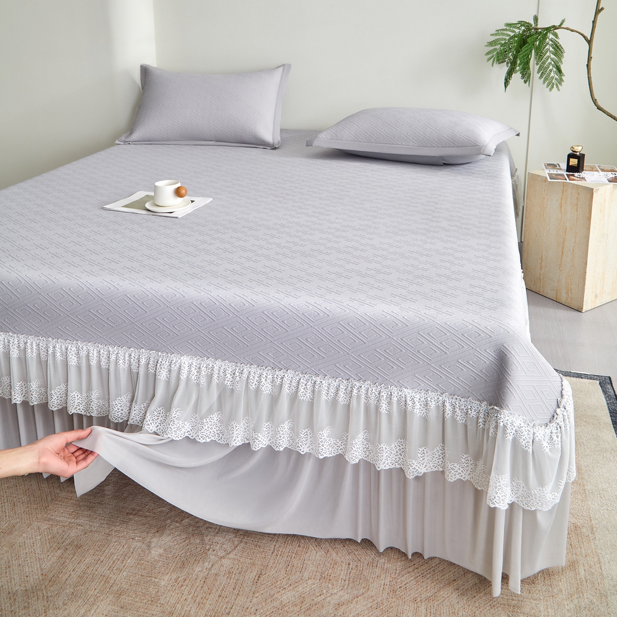 91家纺网 家纺一手货源 找家纺 （总）航途席业 2026新款A类凉感豆豆床裙款凉席三件套-系列六