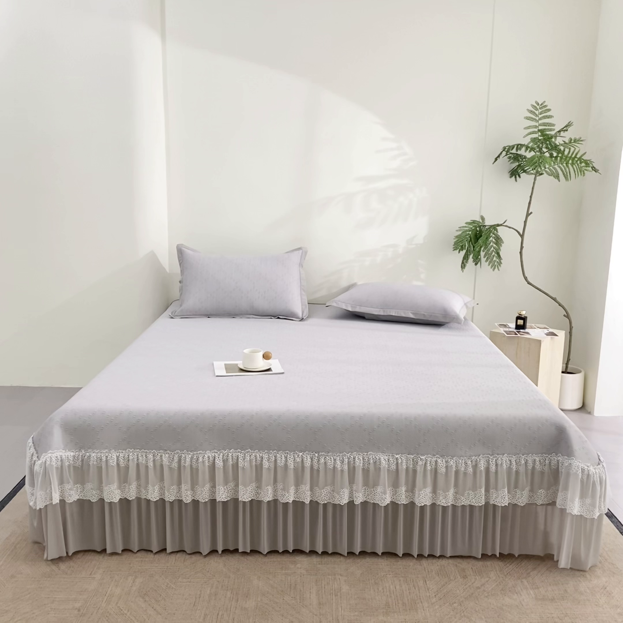 91家纺网 家纺一手货源 找家纺 航途席业 2026新款A类凉感豆豆床裙款凉席三件套-系列六 青纱叶羽