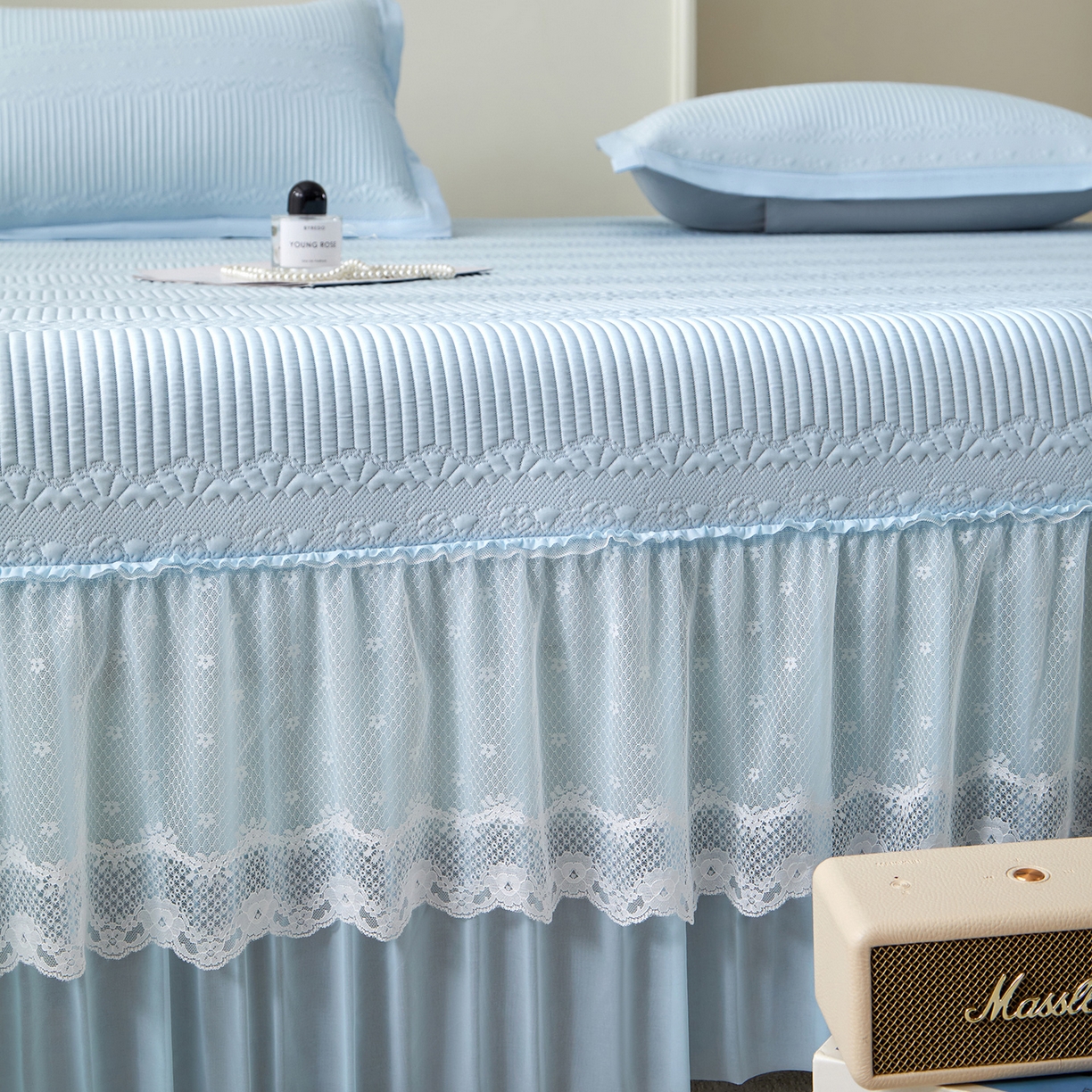 91家纺网 家纺一手货源 找家纺 （总）航途席业 2026新款A类凉感豆豆床裙款凉席三件套-系列五