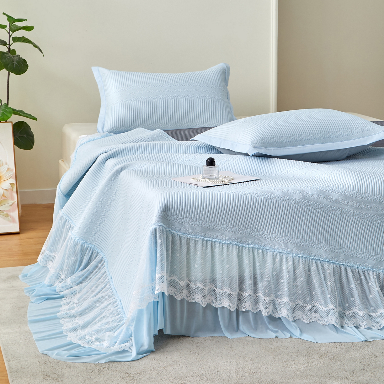 91家纺网 家纺一手货源 找家纺 （总）航途席业 2026新款A类凉感豆豆床裙款凉席三件套-系列五