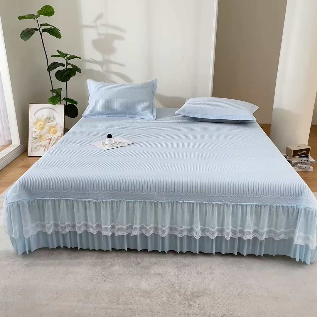 91家纺网 家纺一手货源 找家纺 航途席业 2026新款A类凉感豆豆床裙款凉席三件套-系列五 冰蓝绮梦