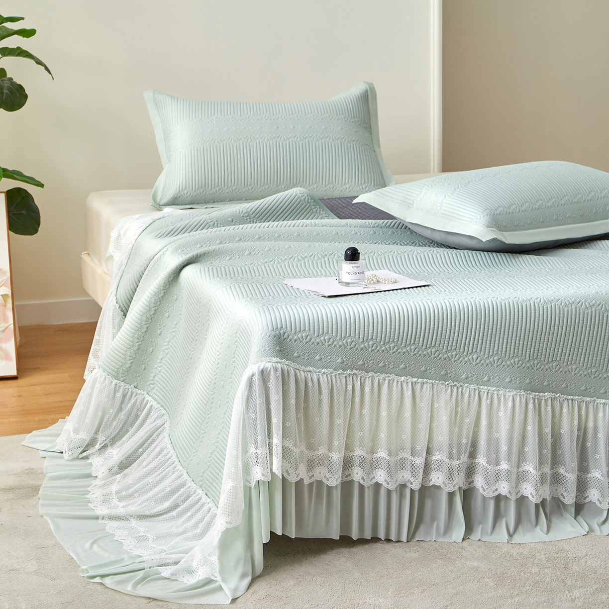 航途席业 2026新款A类凉感豆豆床裙款凉席三件套-系列五 青柠绮梦