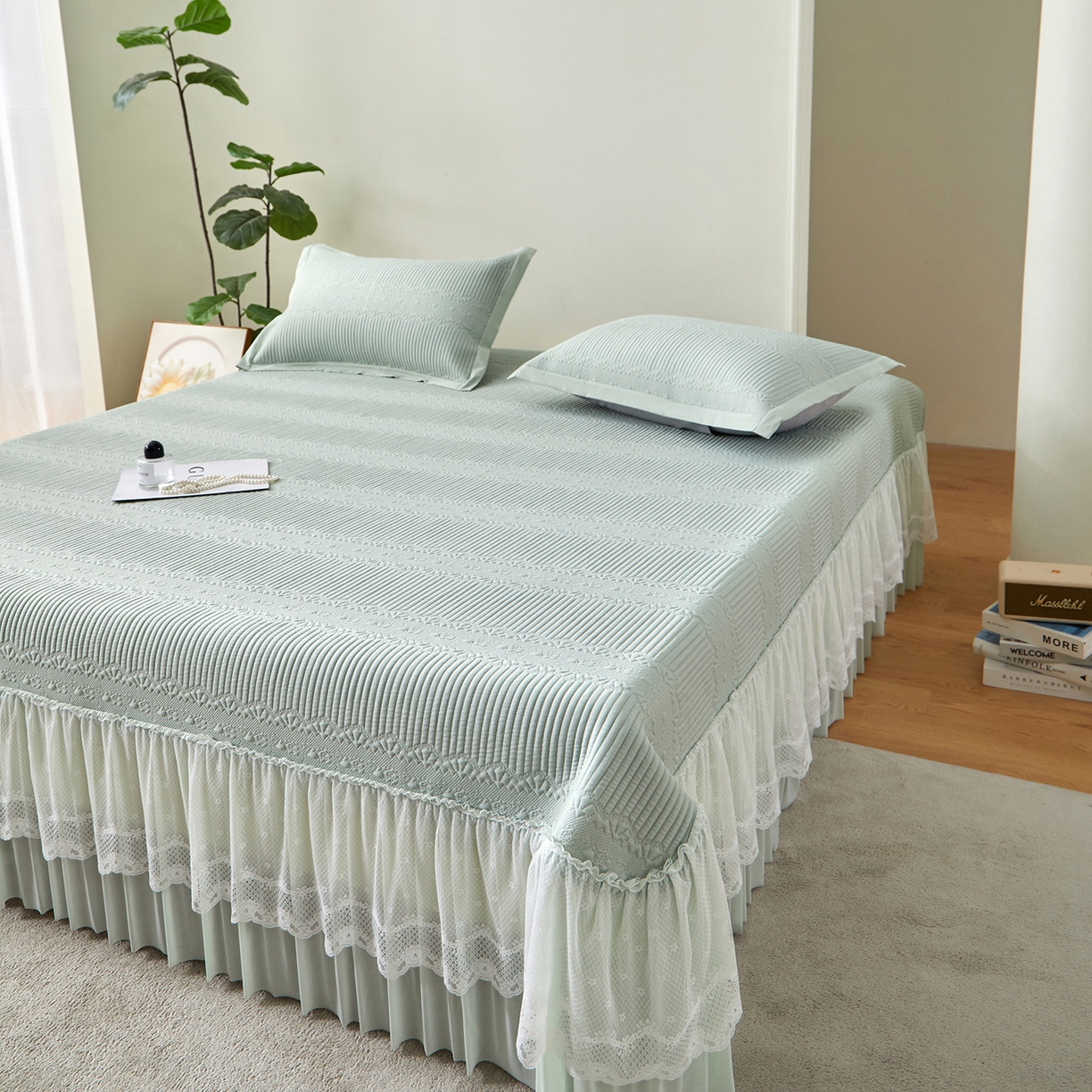 91家纺网 家纺一手货源 找家纺 航途席业 2026新款A类凉感豆豆床裙款凉席三件套-系列五 青柠绮梦