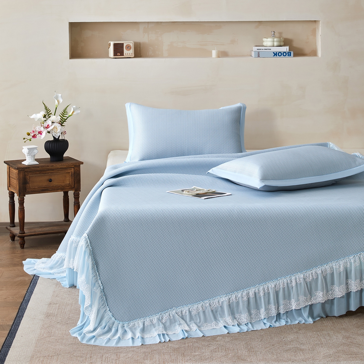 91家纺网 家纺一手货源 找家纺 （总）航途席业 2026新款A类凉感豆豆床裙款凉席三件套-系列四