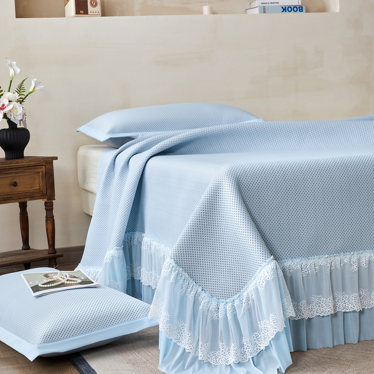 91家纺网 家纺一手货源 找家纺 （总）航途席业 2026新款A类凉感豆豆床裙款凉席三件套-系列四