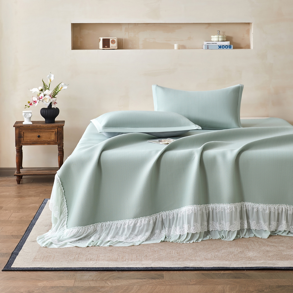 91家纺网 家纺一手货源 找家纺 （总）航途席业 2026新款A类凉感豆豆床裙款凉席三件套-系列四