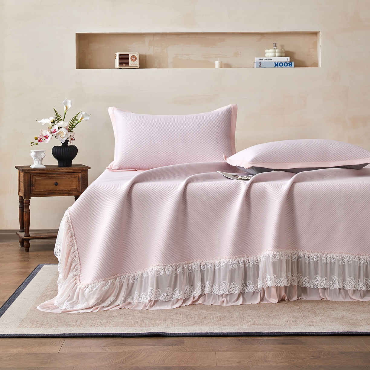 航途席业 2026新款A类凉感豆豆床裙款凉席三件套-系列四 浅粉星絮