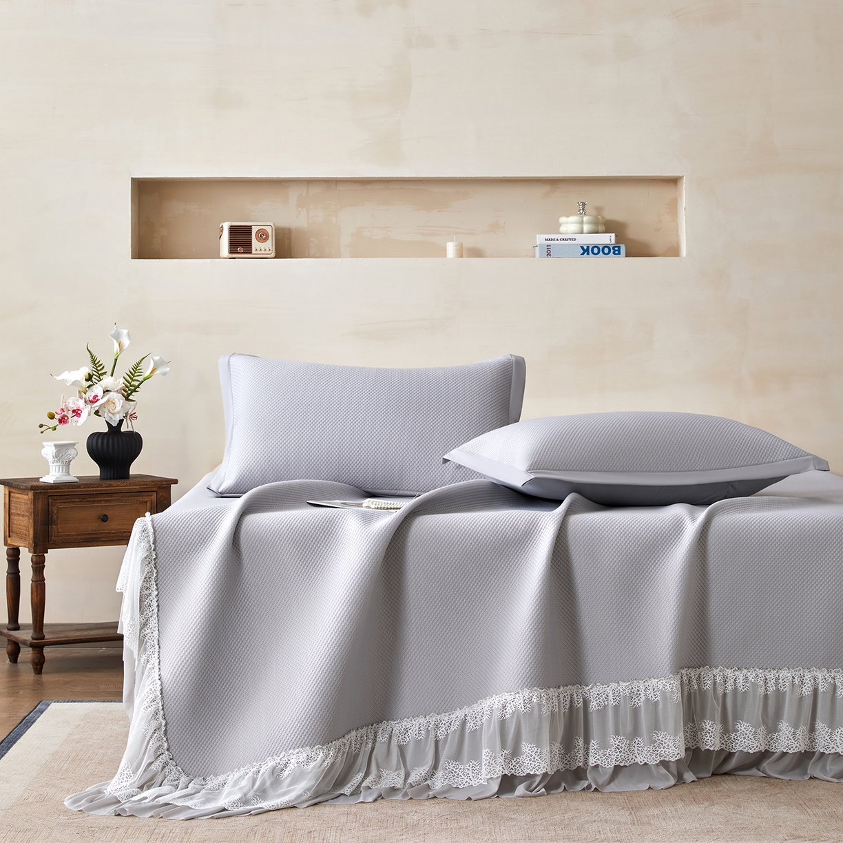 航途席业 2026新款A类凉感豆豆床裙款凉席三件套-系列四 雾灰星絮