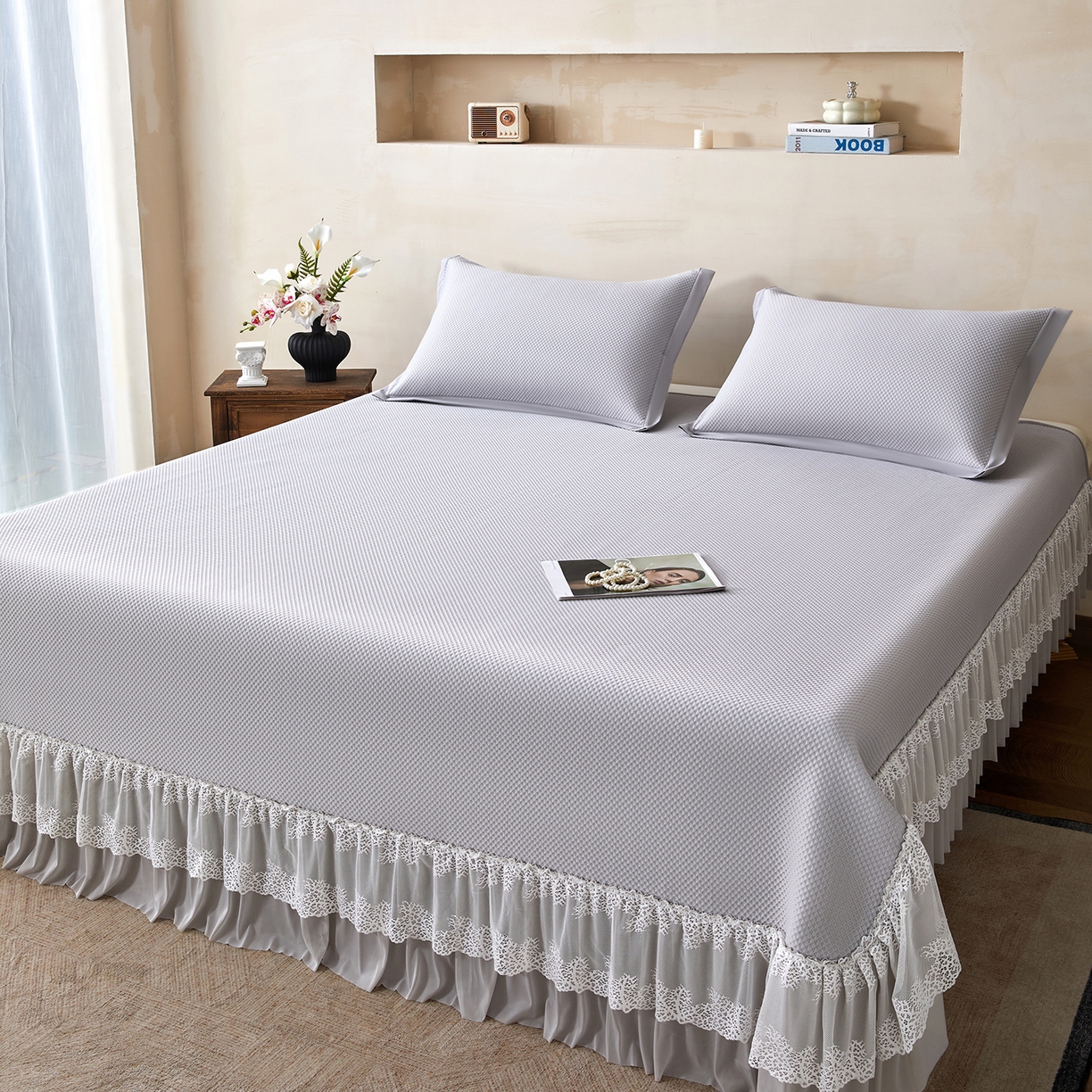 91家纺网 家纺一手货源 找家纺 航途席业 2026新款A类凉感豆豆床裙款凉席三件套-系列四 雾灰星絮