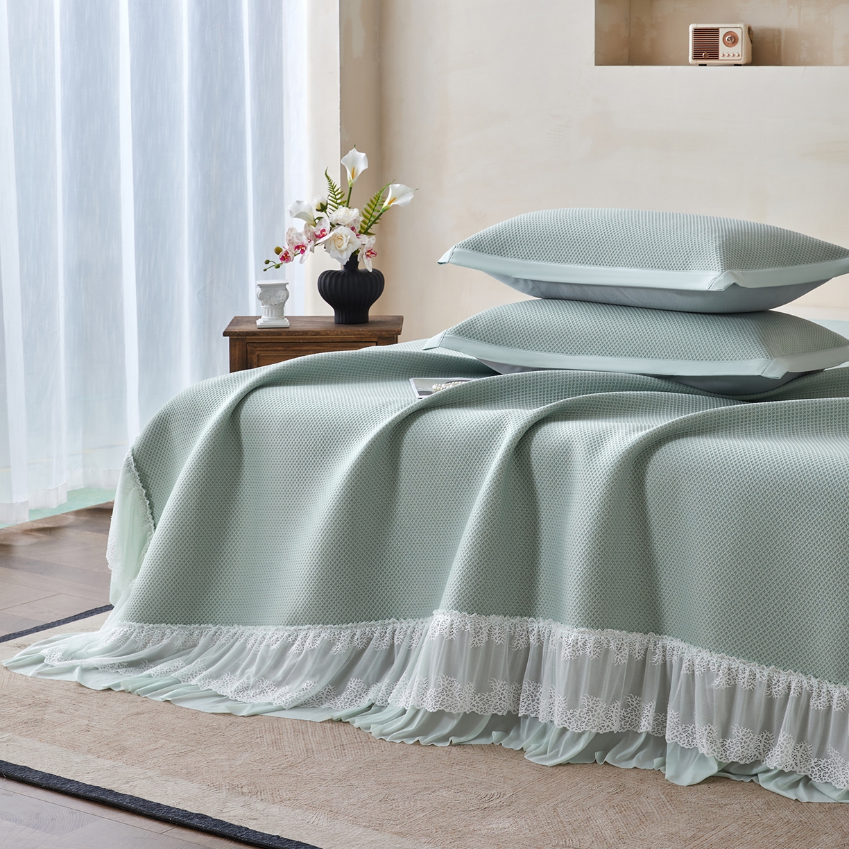 91家纺网 家纺一手货源 找家纺 航途席业 2026新款A类凉感豆豆床裙款凉席三件套-系列四 青柠星絮