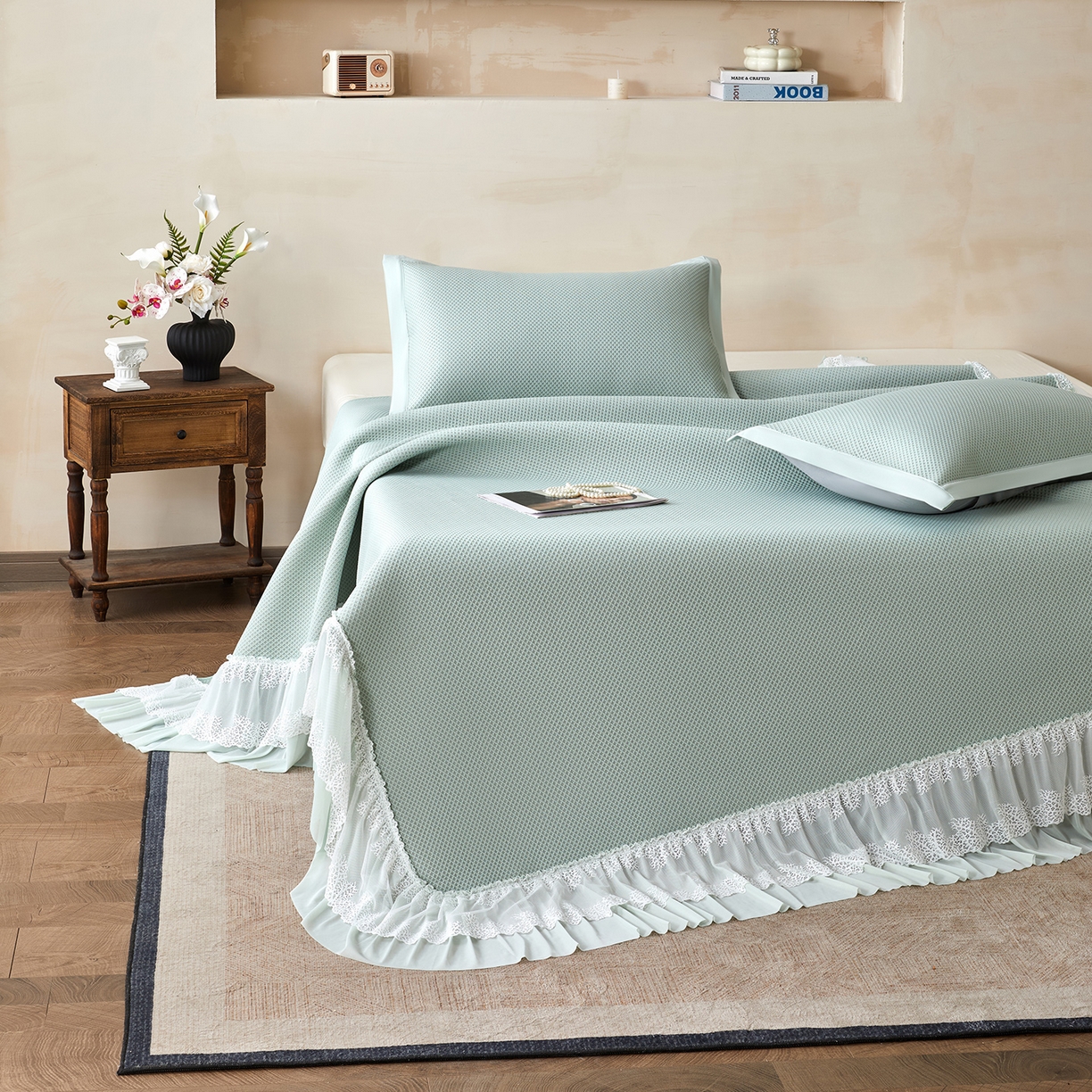 91家纺网 家纺一手货源 找家纺 航途席业 2026新款A类凉感豆豆床裙款凉席三件套-系列四 青柠星絮