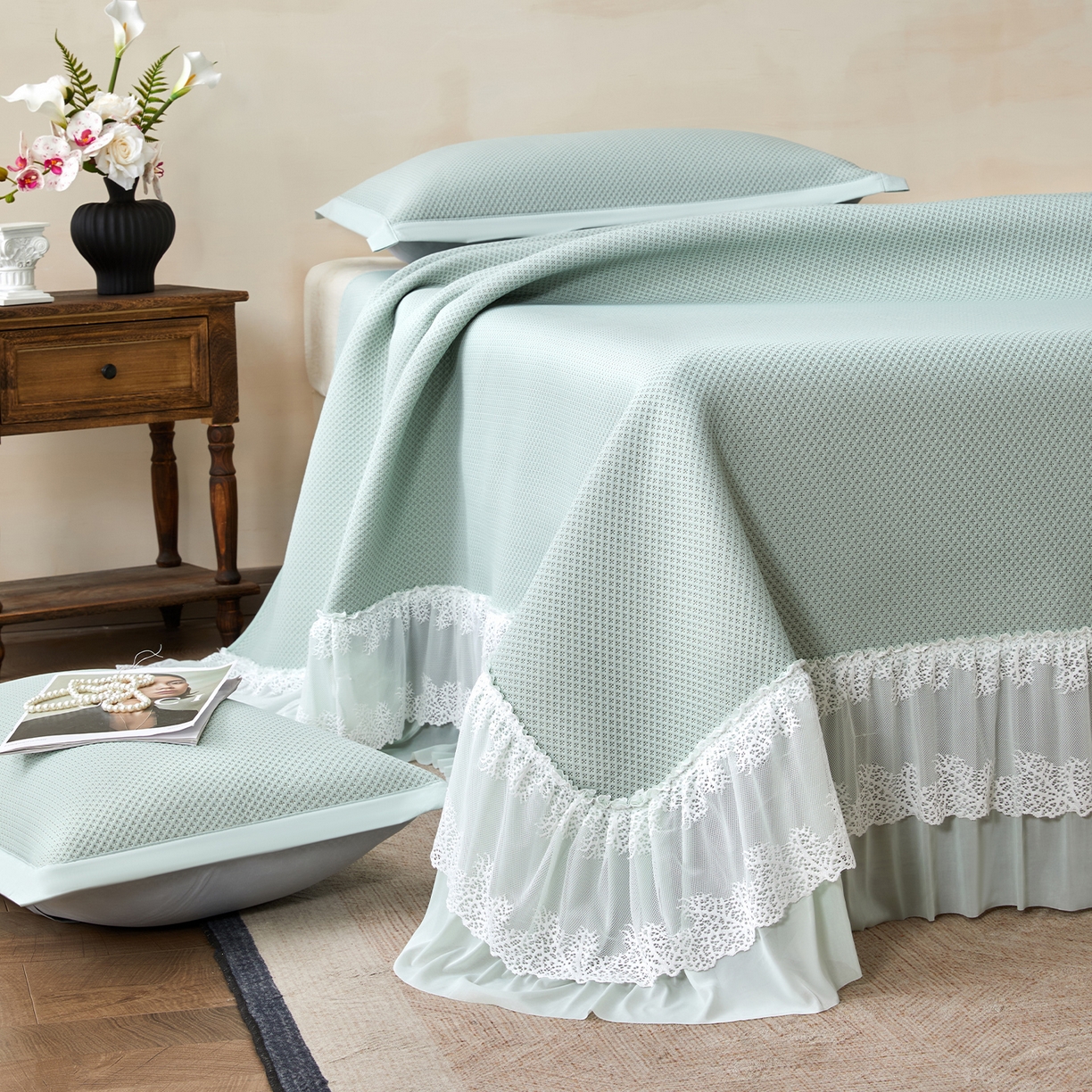 91家纺网 家纺一手货源 找家纺 航途席业 2026新款A类凉感豆豆床裙款凉席三件套-系列四 青柠星絮