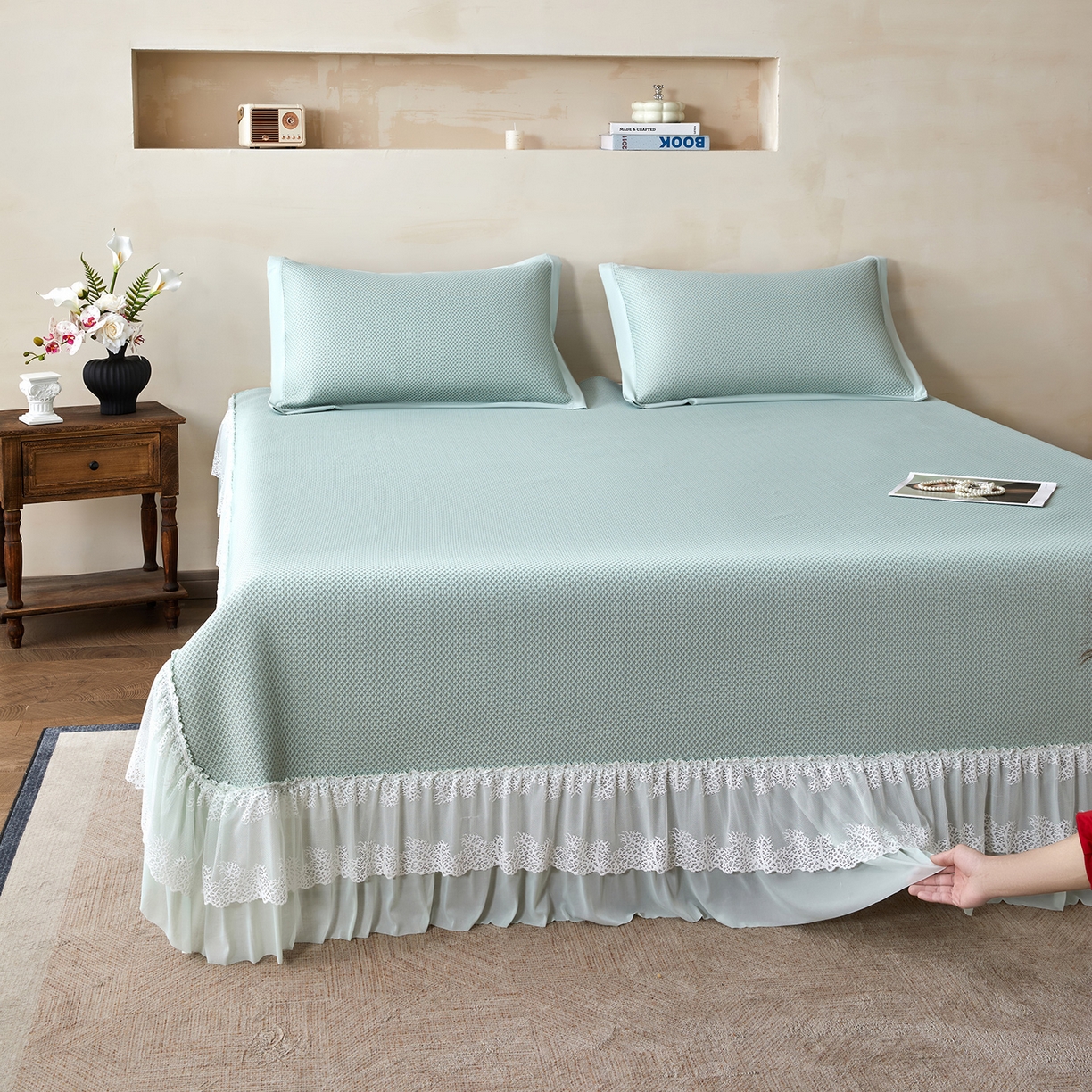 91家纺网 家纺一手货源 找家纺 航途席业 2026新款A类凉感豆豆床裙款凉席三件套-系列四 青柠星絮