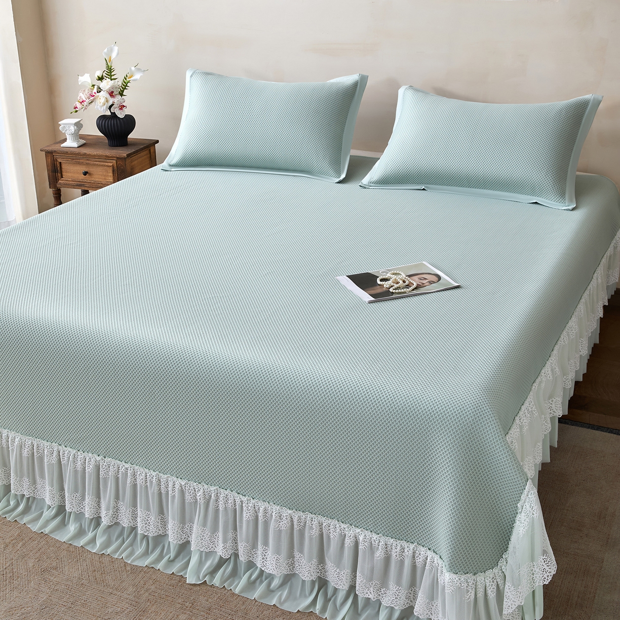 91家纺网 家纺一手货源 找家纺 航途席业 2026新款A类凉感豆豆床裙款凉席三件套-系列四 青柠星絮