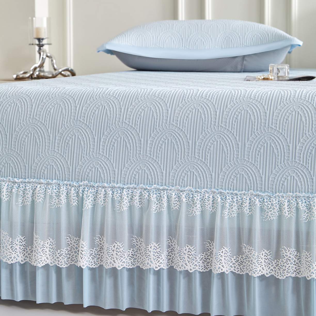 91家纺网 家纺一手货源 找家纺 （总）航途席业 2026新款A类凉感豆豆床裙款凉席三件套-系列三