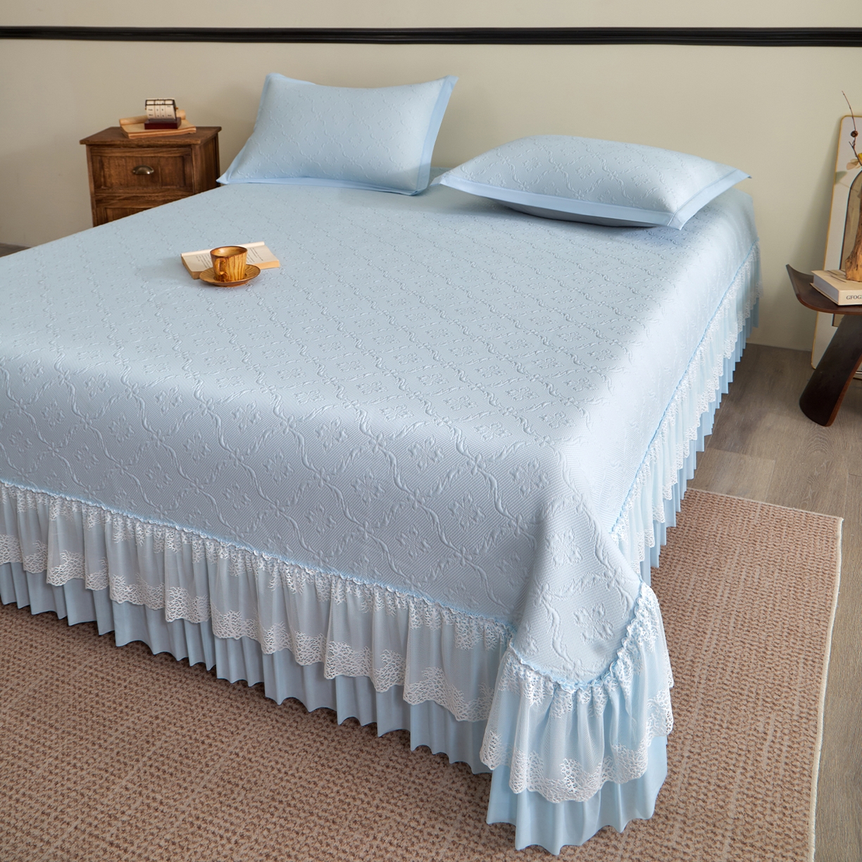 91家纺网 家纺一手货源 找家纺 （总）航途席业 2026新款A类凉感豆豆床裙款凉席三件套-系列二