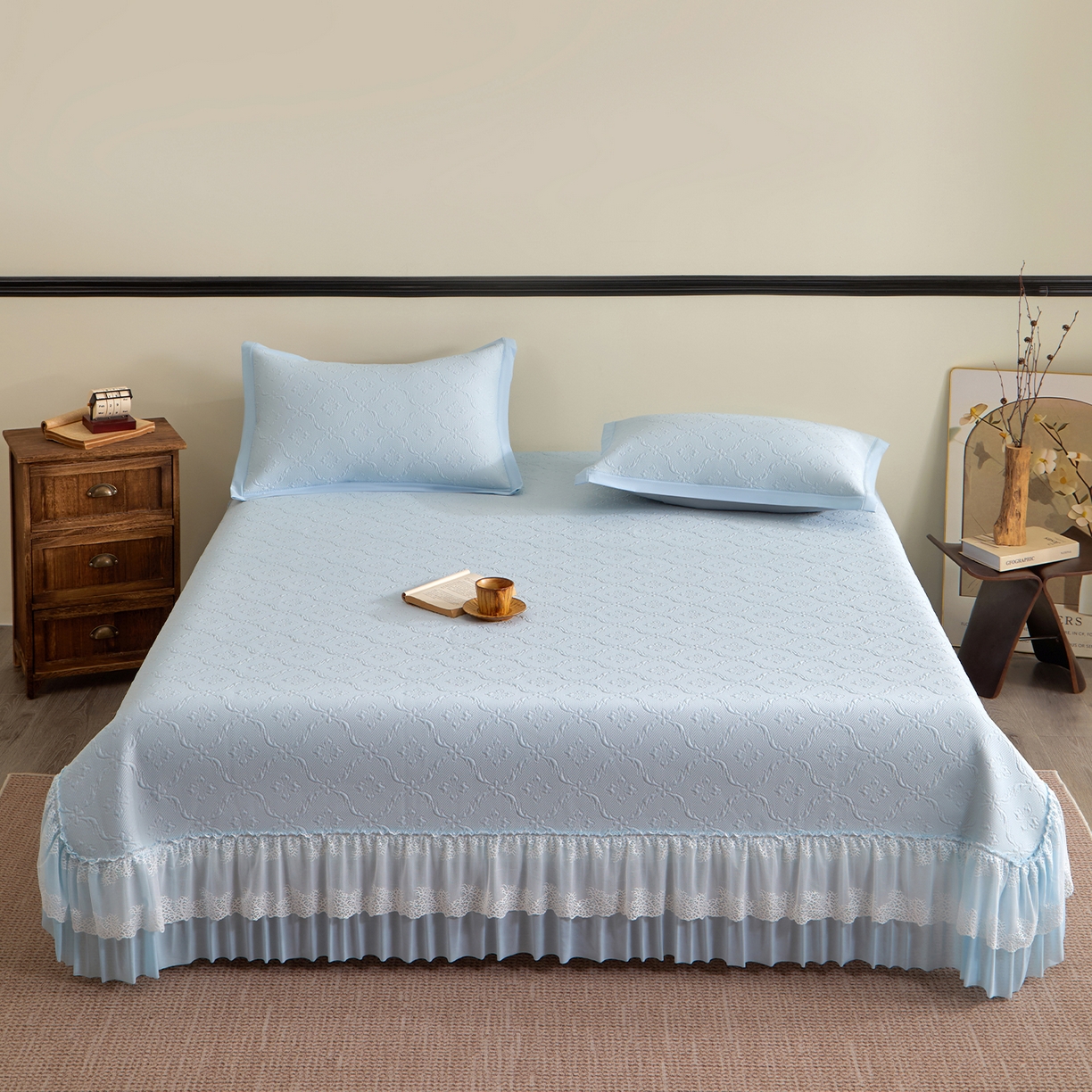 91家纺网 家纺一手货源 找家纺 （总）航途席业 2026新款A类凉感豆豆床裙款凉席三件套-系列二