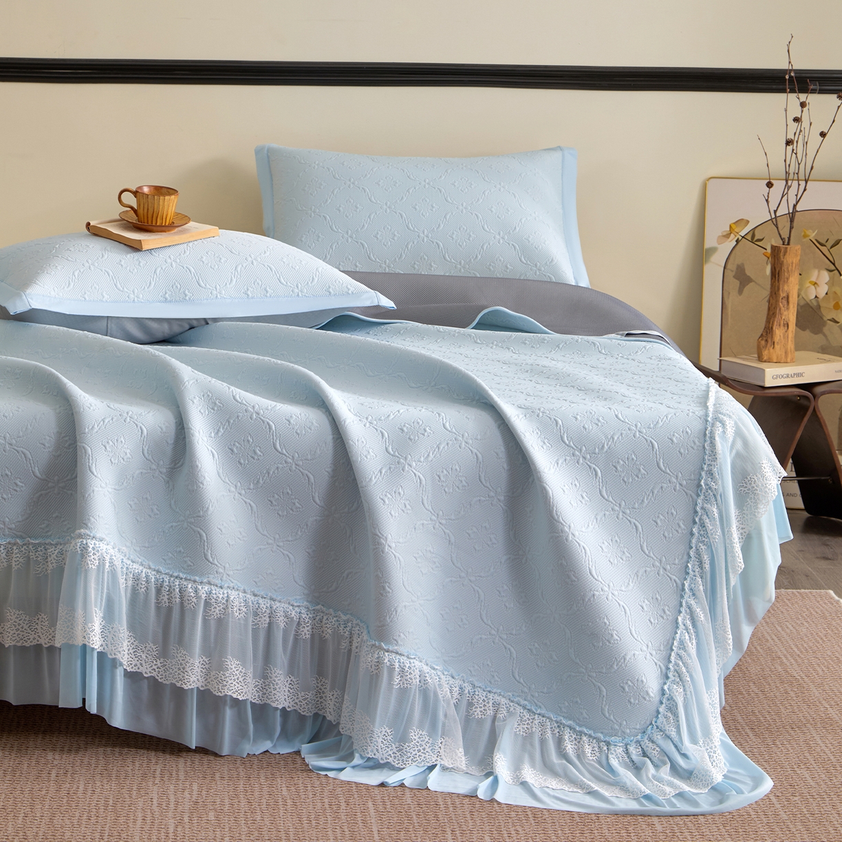 91家纺网 家纺一手货源 找家纺 （总）航途席业 2026新款A类凉感豆豆床裙款凉席三件套-系列二