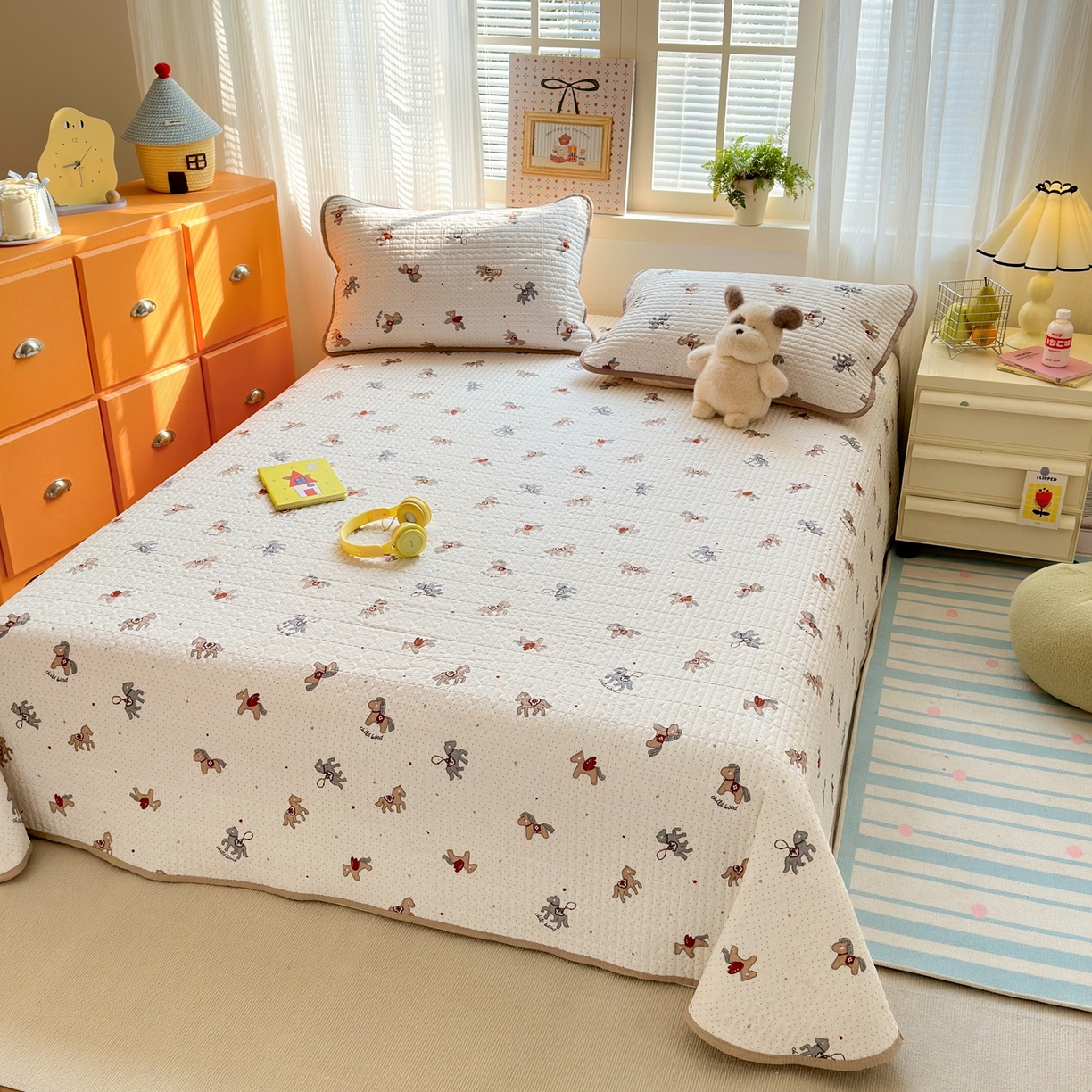 91家纺网 家纺一手货源 找家纺 老帅的工厂店 2026新款三角针泡芙夏被夏被夏凉被空调被床盖四件套 波点木马