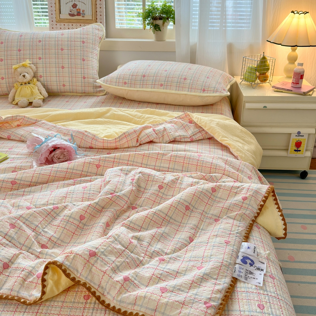 91家纺网 家纺一手货源 找家纺 老帅的工厂店 2026新款三角针泡芙夏被夏被夏凉被空调被床盖四件套 彩虹甜心