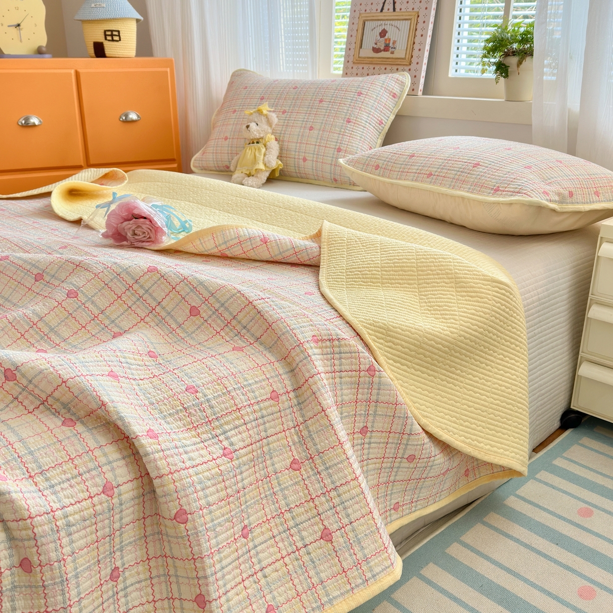 91家纺网 家纺一手货源 找家纺 老帅的工厂店 2026新款三角针泡芙夏被夏被夏凉被空调被床盖四件套 彩虹甜心