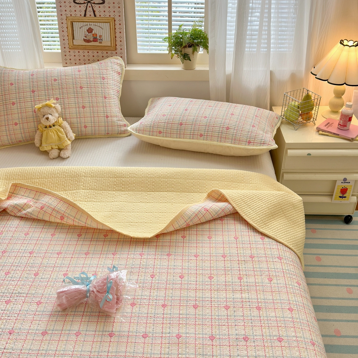 91家纺网 家纺一手货源 找家纺 老帅的工厂店 2026新款三角针泡芙夏被夏被夏凉被空调被床盖四件套 彩虹甜心