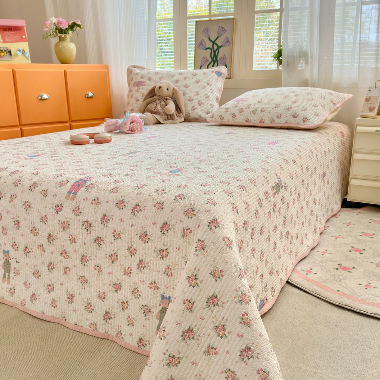 91家纺网 家纺一手货源 找家纺 老帅的工厂店 2026新款三角针泡芙夏被夏被夏凉被空调被床盖四件套 粉衣小兔