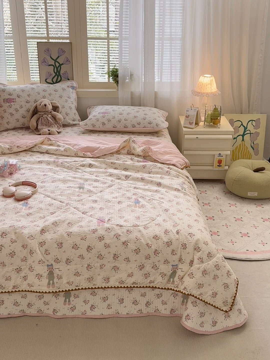 91家纺网 家纺一手货源 找家纺 老帅的工厂店 2026新款三角针泡芙夏被夏被夏凉被空调被床盖四件套 粉衣小兔