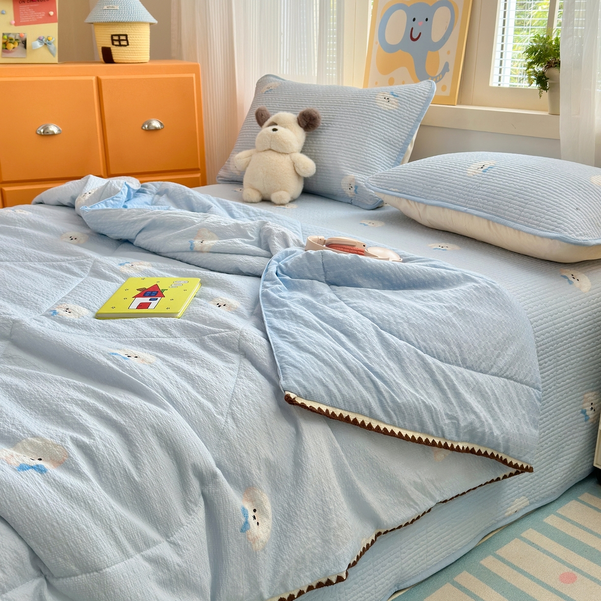 91家纺网 家纺一手货源 找家纺 老帅的工厂店 2026新款三角针泡芙夏被夏被夏凉被空调被床盖四件套 蓝蓝狗