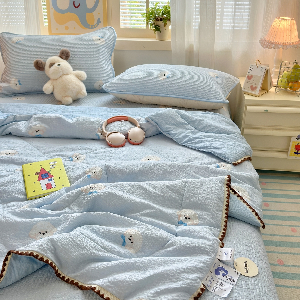 91家纺网 家纺一手货源 找家纺 老帅的工厂店 2026新款三角针泡芙夏被夏被夏凉被空调被床盖四件套 蓝蓝狗