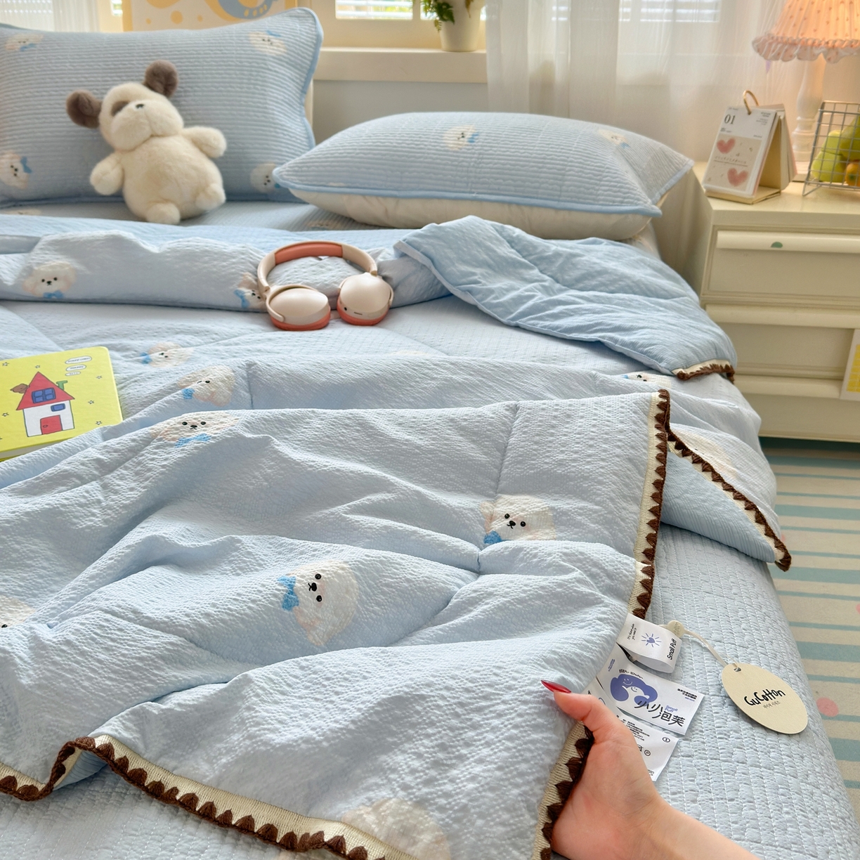 91家纺网 家纺一手货源 找家纺 老帅的工厂店 2026新款三角针泡芙夏被夏被夏凉被空调被床盖四件套 蓝蓝狗