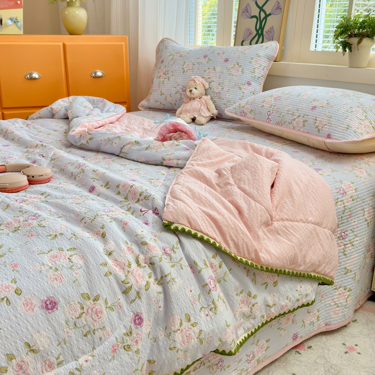 91家纺网 家纺一手货源 找家纺 老帅的工厂店 2026新款三角针泡芙夏被夏被夏凉被空调被床盖四件套 玫瑰园