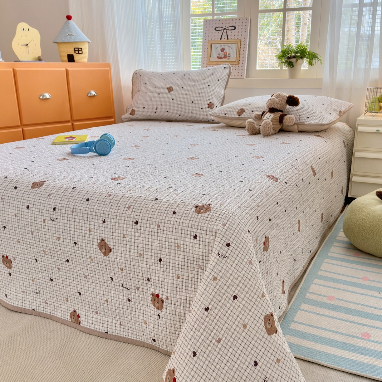 91家纺网 家纺一手货源 找家纺 老帅的工厂店 2026新款三角针泡芙夏被夏被夏凉被空调被床盖四件套 奶咖小熊