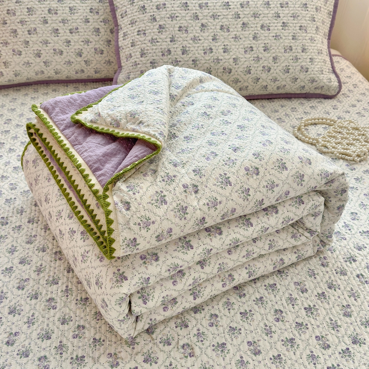 老帅的工厂店 2026新款三角针泡芙夏被夏被夏凉被空调被床盖四件套 柔紫漫花