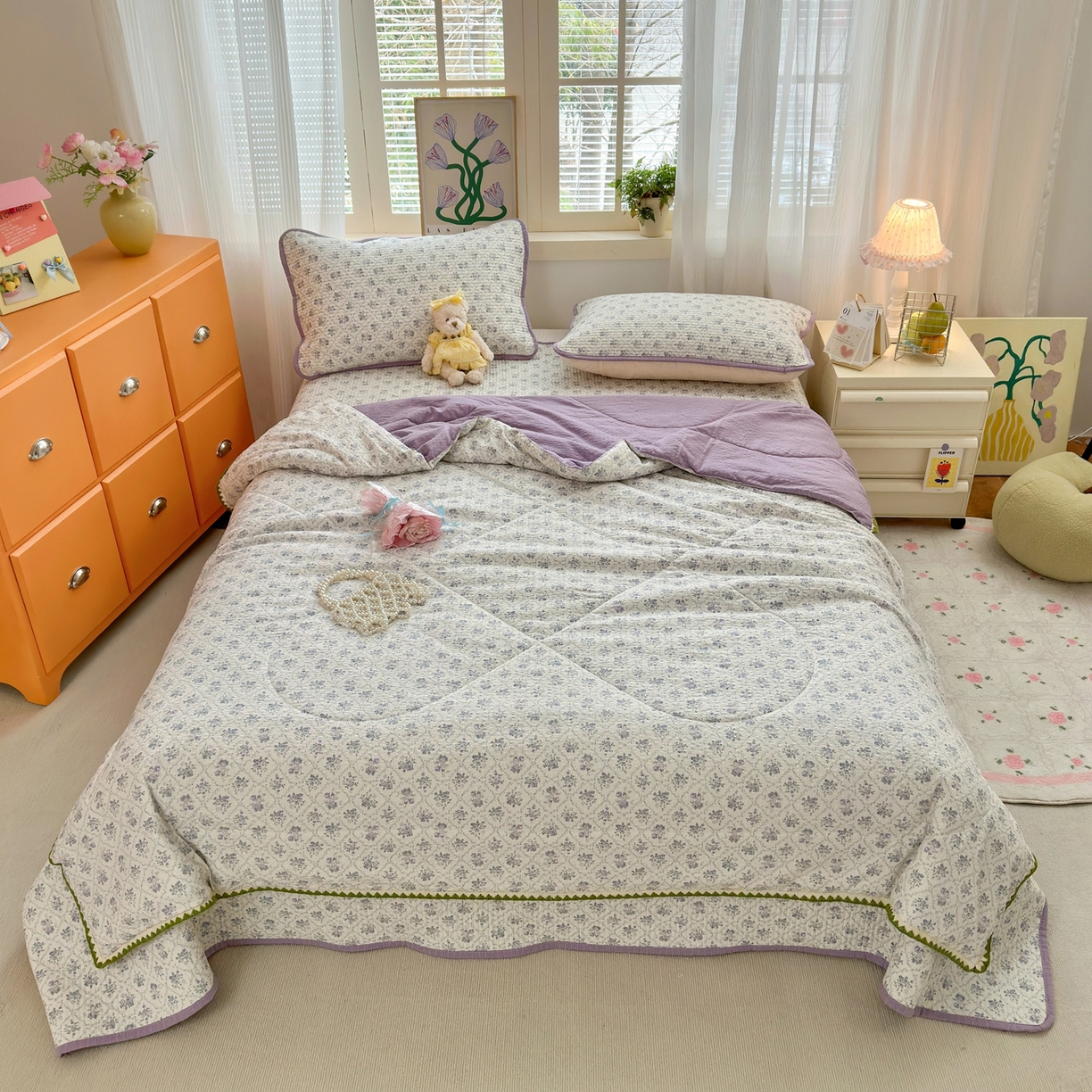 91家纺网 家纺一手货源 找家纺 老帅的工厂店 2026新款三角针泡芙夏被夏被夏凉被空调被床盖四件套 柔紫漫花