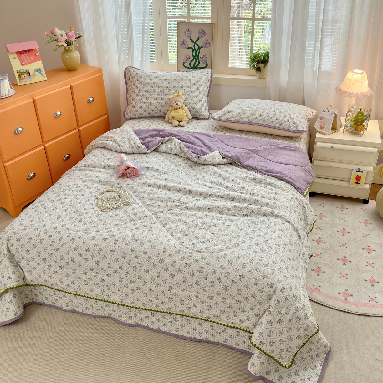 91家纺网 家纺一手货源 找家纺 老帅的工厂店 2026新款三角针泡芙夏被夏被夏凉被空调被床盖四件套 柔紫漫花