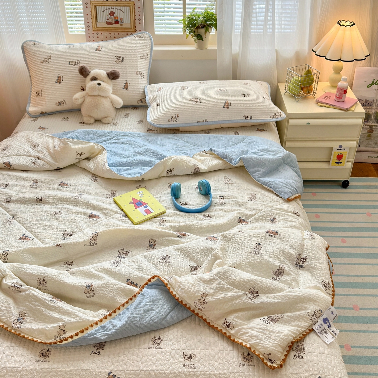 91家纺网 家纺一手货源 找家纺 老帅的工厂店 2026新款三角针泡芙夏被夏被夏凉被空调被床盖四件套 小狗排队